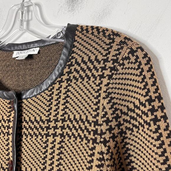 Pendleton Women's Wool Cardigan Sweater S Herringbone Plaid Brown Leather Trim - Picture 2 of 6